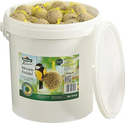 Produktbild von Dehner Natura Premium Meisenknödel mit Netz, ganzjähriges Wildvogelfutter proteinreich / energiereich, hochwertiges Vogelfutter für Wildvögel, im Eimer, 100 Stück je 90 g (9 kg)