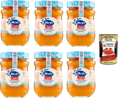 Produktbild von Hero Light Konfitüre Leichte Brotaufstriche Aprikosen, Extra-Marmelade und Konfitüre mit hochwertigen Früchten, ohne Zuckerzusatz und sehr wenig Kalorien 6x 280 g + Italian Gourmet polpa 400g