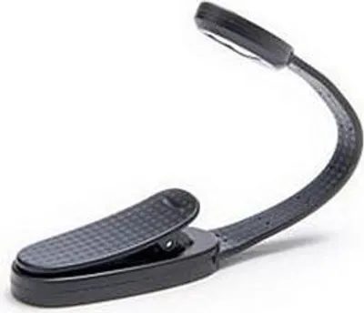 A black clip-on reading light with a flexible neck is shown against a white background.