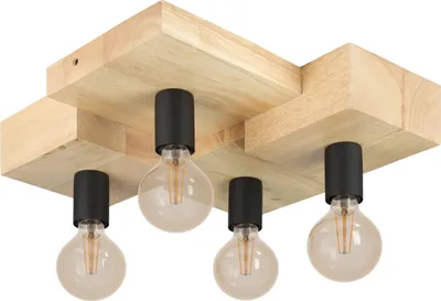 Produktbild von EGLO Deckenleuchte Halkin, Deckenlampe 4-flammig, Deckenbeleuchtung, FSC100HB, Holz in Natur und Metall in Schwarz, Wohnzimmerlampe mit E27 Fassung