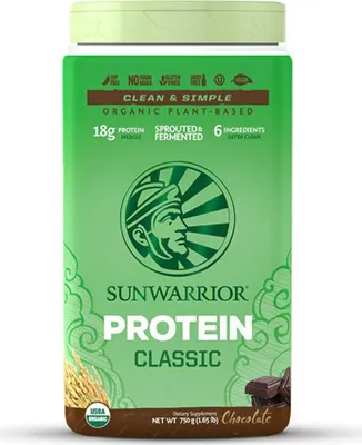 A product shot of a Sunwarrior Protein Classic Organic Chocolate tub.