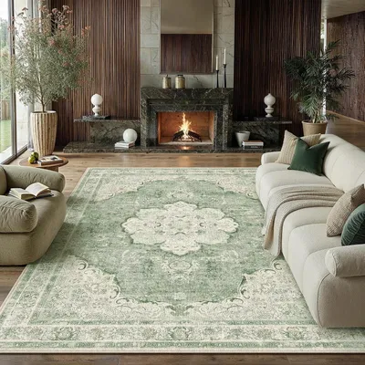 Imagen del producto de Alfombra de pelo corto, color verde, 200x300 cm, ideal para el salón, diseño moderno