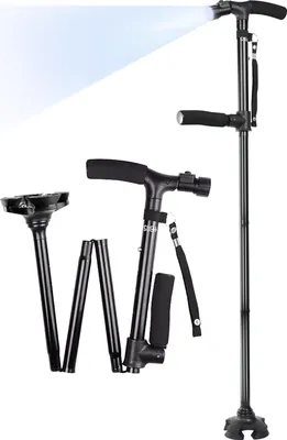 Produktbild von SUEH DESIGN Klappbarer Gehstock mit LED-Licht für Männer und Frauen, Höhenverstellbarer Gehstock für Ältere Menschen mit Seitlichem Griff