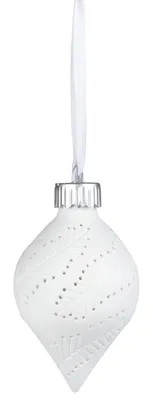 A white Christmas ornament with a leaf pattern and small dots.