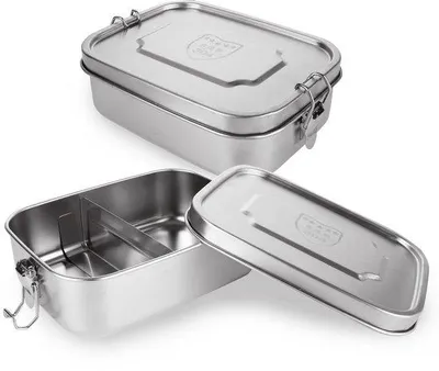 Image de Lot de 2 boîtes à lunch en acier à 2 compartiments, boîte à lunch en métal de 1 200 ml avec séparateur amovible, boîte à lunch anti-fuites pour adultes et enfants - 19 x 14 x 6 cm