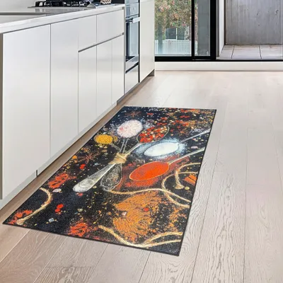 Produktbild von Waschbarer Küchenläufer Teppich mit Gewürzen in gelb rot Größe - 67 x 180 cm