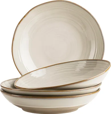 A stack of ceramic soup plates with a textured, swirled design and a brown rim.