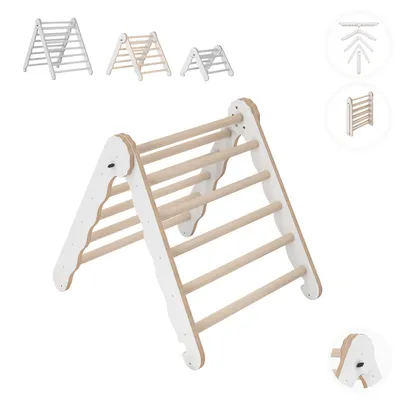 A white and wood-colored climbing triangle for children, shown from a slightly elevated front-side angle, with smaller versions of the product in the background and inset diagrams on the right.