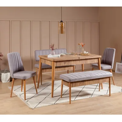 Produktbild von Skye Decor, Vina Atlantic Soho Grey, Set aus ausziehbarem Esstisch und Stühlen (5-teilig), Atlantische Kiefer, 100 % MELAMINBESCHICHTETE SPANPLATTEN, 130 x 80 x 77 cm