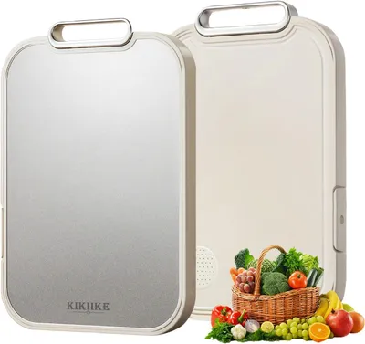 Produktbild von Titan-Schneidebrett für die Küche, doppelseitiges Schneidebrett aus reinem Titan, 100 % reines Titan und Weizenstroh, PP, Lebensmittelqualität, Metall, rutschfest, langlebig, leicht zu reinigen, groß