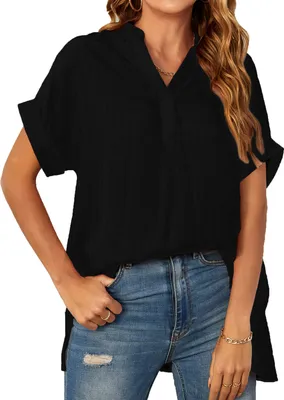 Produktbild von ASKSA Deman Bluse Plaid Kurzarm T-Shirt Sommer Locker Hemden V-Ausschnitt Shirts Lässig Tunika , Schwarz, L