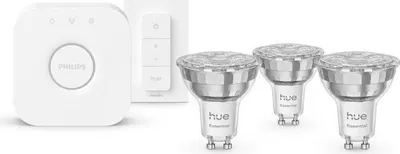 Image de Kit de démarrage Philips Hue, Lumière Blanche et Colorée, 1 Bridge, 3 Spots LED GU10, Dimmer Switch