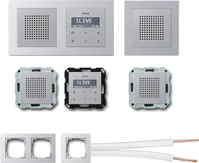 Produktbild von GIRA Unterputz UP RDS Radio 228426 Komplett-Set Aluminium mit 2 x Lautsprecher in 1 und 2 fach Rahmen Alu (E2) + 10 Meter Lautsprecherkabel 2x0,75 mm² weiß 100% OFC
