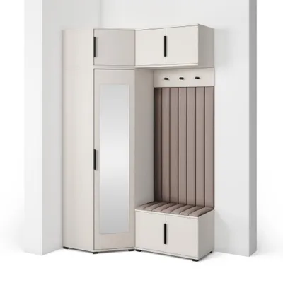 Produktbild von Garderoben-Set Napoli Version 23: Eckschrank mit Polsterpaneelen, Schuhschrank und Schrankaufsatz Flur und Eingangsbereich (Cashmere/Trinity 05)