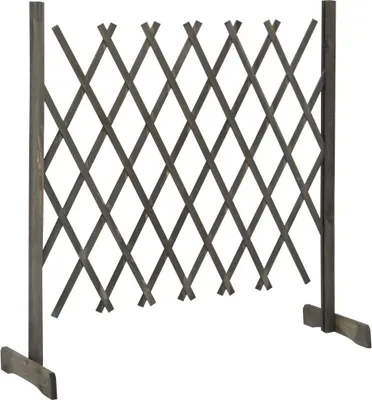 A wooden garden trellis with a diamond lattice pattern, standing on two feet.