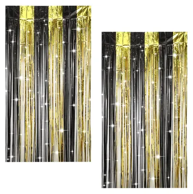 Produktbild von 2 Stück Metallic-Lametta-Vorhang, Schwarz-Gold, 1 x 2 Meter, für festliche Dekoration