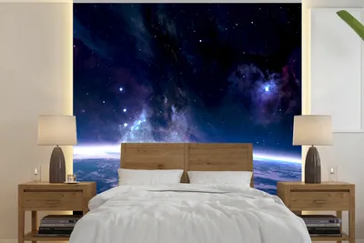 Produktbild von MuchoWow® Fototapete für Wohnzimmer oder Schlafzimmer Wandtapete Vinyl Motivtapete Erde - Sterne - Weltraum - 240x240 cm - Schlafzimmer-Tapete