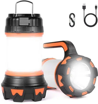 Immagine prodotto di Lampada da campeggio LED Unyqoos® (ricaricabile) – 1000 lumen, portata di 300 metri, 6 modalità, inclusa luce lampeggiante rossa, power bank da 3600 mAh, grado di protezione IP64, portatile con gancio