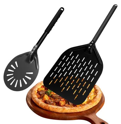 Productafbeelding van Pizza-schepset, bestaande uit: een pizzaschep van 30 cm, een pizzaspatel van 15 cm, een hittebestendige pizzaschep van aluminium met siliconenhandvat, en een pizzaschep met een anti-aanbaklaag. Geschikt voor ovens, pizzaovens en broodovens.