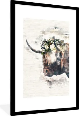 Produktbild von MuchoWow® MuchoWow® Gerahmtes Poster Scottish Hochlandrind - Blumen - Zeitungspapier 60x90 cm - Poster mit zchwarzem Bilderrahmen - Dekoration - Wandposter Wohnzimmer - Hochwertig