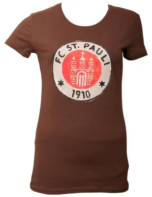 Produktbild von FC St. Pauli Frauen T-Shirt Logo Paint, Original Fanartikel, Braunes Damen T-Shirt mit Vereinswappen, 100% Baumwolle