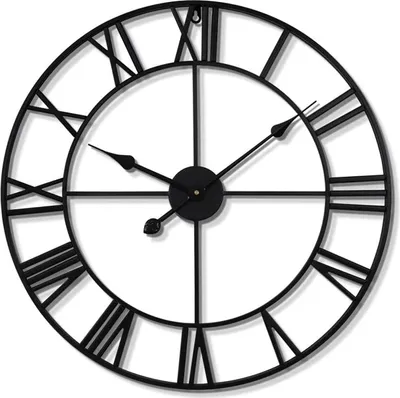 A black metal wall clock with Roman numerals and visible gears.