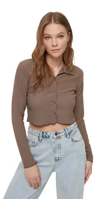 Immagine prodotto di Blusa da donna Trendyol, modello regular, colletto polo, lavorazione a maglia, colore marrone, taglia L