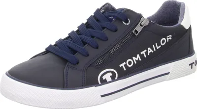 A single navy blue sneaker with white accents and branding is shown against a white background.