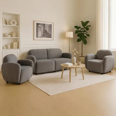 Image de Ensemble de salon HWC-P33, canapé 2 places 2x fauteuils, tissu/textile chenille (330 g/m²) Oeko-Tex ~ gris clair