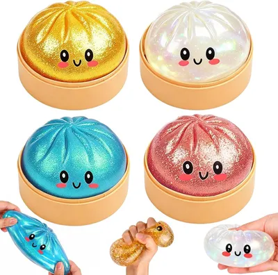 Produktbild von Glitter Dumpling Squishy, 4 Stück Dumpling Squishies, Knautschspielzeug mit Glitzer-Effekt, Weiches Fidget Toy für Kinder und Erwachsene