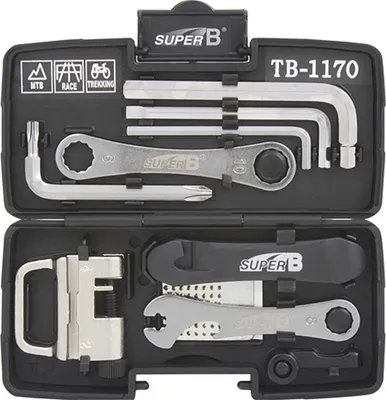A black tool case containing various bicycle repair tools, including Allen wrenches, a tire lever, and a chain tool.