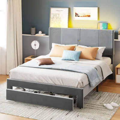 Produktbild von Merax Polsterbett 140x200cm mit LED und USB-Ladeanschlüsse, Doppelbett mit Lattenrost, Schublade und verstellbarer Kopfteil, Samt Jugendbett, Grau
