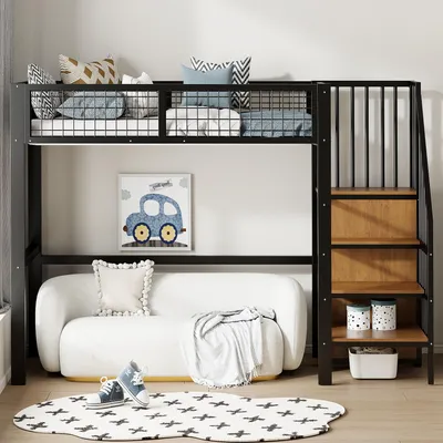 Produktbild von okwish Hochbett 90*200 mit Leiter, Kinderbett mit Eisenrahmen + Lagerregal, schwarzer Kleiderschrank