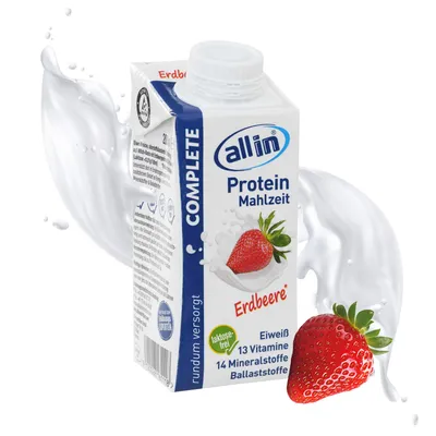 Produktbild von all in® COMPLETE Protein Drink Erdbeere 14x 200ml - Hochkalorische Trinknahrung auf Milch-Basis | Protein Shake | Mahlzeit | Gewichtszunahme