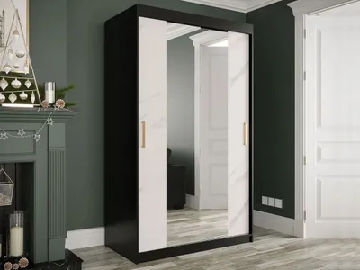 Obrázek produktu pro Úzká šatní skříň 120 cm se zrcadlem CARSON 3 - bílý mramor / černá / zlatá