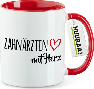 Produktbild von Huuraa Kaffeetasse Zahnärztin mit Herz 330ml Rot Keramik Kaffeebecher Geschenkidee