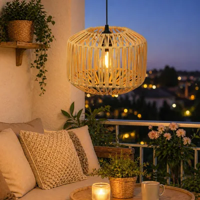 Produktbild von LED Hängeleuchte - Lampenschirm aus Kunststoffseil - D: 24,5cm - Batterie - Timer - outdoor