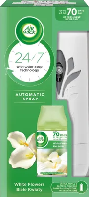 A box containing an Air Wick automatic spray air freshener with a refill and a device.