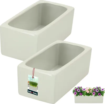 Two white ceramic rectangular planters are shown against a white background. A small inset image shows a planter filled with flowers.