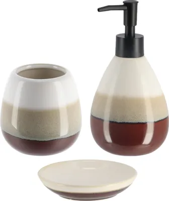 Obrázek produktu pro Tendance sada koupelnových doplňků 3-dílná dávkovač mýdla miska na zubní kartáčky kelímek béžovo-hnědá keramika 9,5x9,5x17,5 cm
