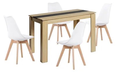 Image de Ensemble de salle à manger comprenant une table rectangulaire en chêne et noir de 110 cm, ainsi que 4 chaises blanches de 47,5 cm