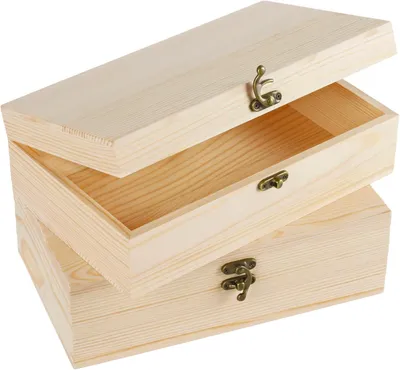 Zdjęcie produktu dla Dwie drewniane skrzynki z pokrywą, wymiary 25x15x8 cm, idealne do przechowywania drobnych przedmiotów