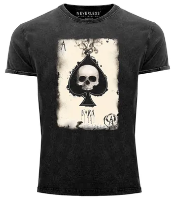 Produktbild von Herren Vintage-Shirt Bedruckt Totenkopf Skull Spielkarte Pik Ass Kartenspiel Printshirt Used Look Neverless® schwarz XXL