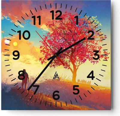 Produktbild von Wanduhr - Quadrat - Glasuhr - Baum Wiese Feld - 30x30cm - Schleichendes Uhrwerk - Lautlos - zum Aufhängen bereit - Dekoration Modern - Wanddekoration aus Glas - C4AC30x30-3715