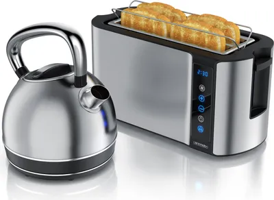 A stainless steel electric kettle and a stainless steel toaster with bread are displayed on a white background.