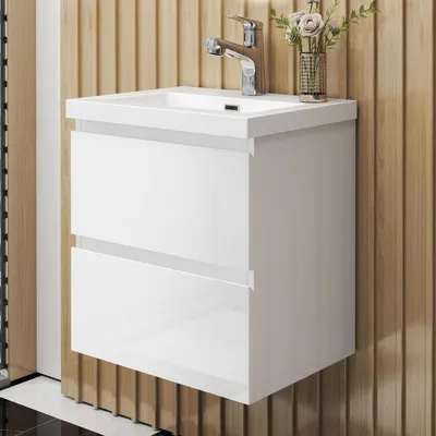 Produktbild von Badmöbel Set HUTI-Serie 50cm Rechteckiges Waschbecken mit Unterschrank Badezimmermöbel mit 2 Schubladen Hochglanz Weiß Hängeschrank