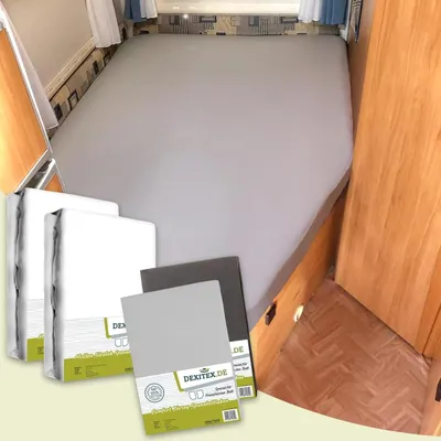 Produktbild von Dexitex Spannbettlaken Wohnmobil 4er Set- 2 Spannbettlaken + 2 Molton - französische Bettwäsche für Matratze Wohnmobil - Rechts - Weiß / Dunkelgrau