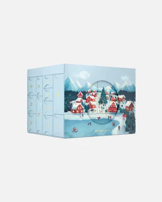 A winter village scene depicted on an advent calendar.