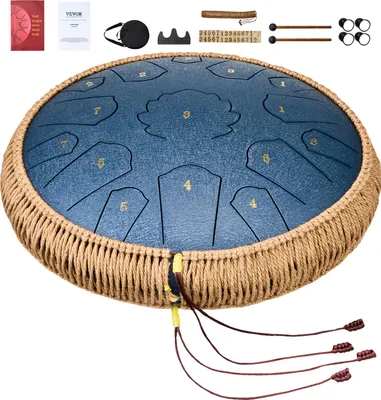 Image de SucceBuy Tambour à languette en acier, 14 pouces et 15 notes, tambour de pluie pour le jardin, ré majeur, avec 2 baguettes et sac de transport, tambour Handpan pour les cours de musique et le yoga, bleu marine