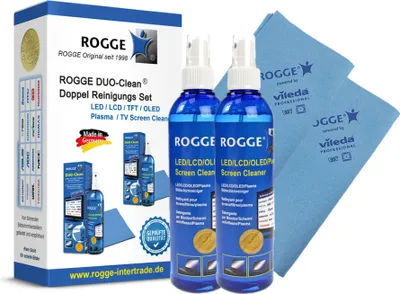 Produktbild von ROGGE DUO-Clean Doppel Reinigungs-Set. 2x 250ml Screen Cleaner inkl.  2x ROGGE & Vileda Prof. Microfasertücher .ROGGE Bildschirmreiniger seit 1998